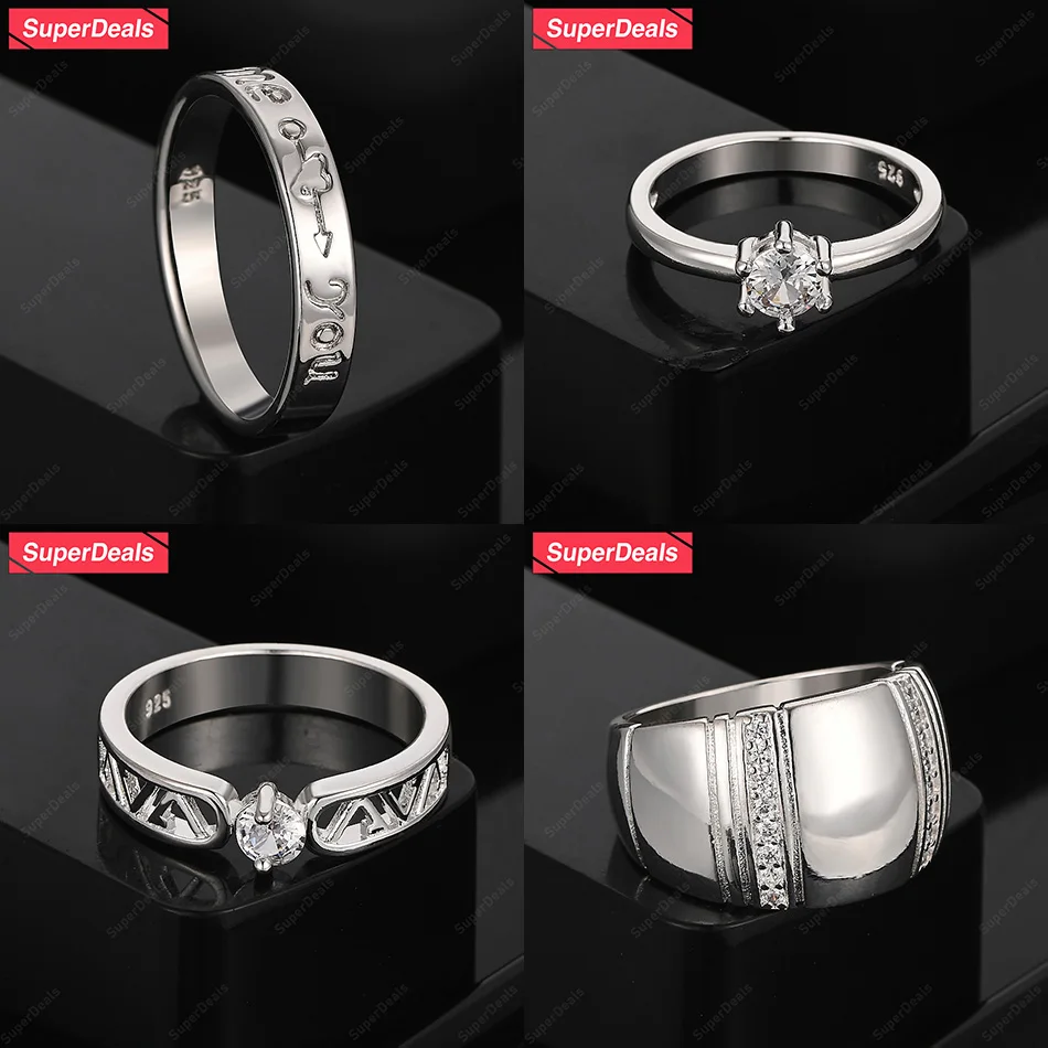 

SuperDeals 925 Sterling Silver Engraved Letters Crystal Zircon Round Ring Women Charm Jewelry Gift Pretty Wedding Party