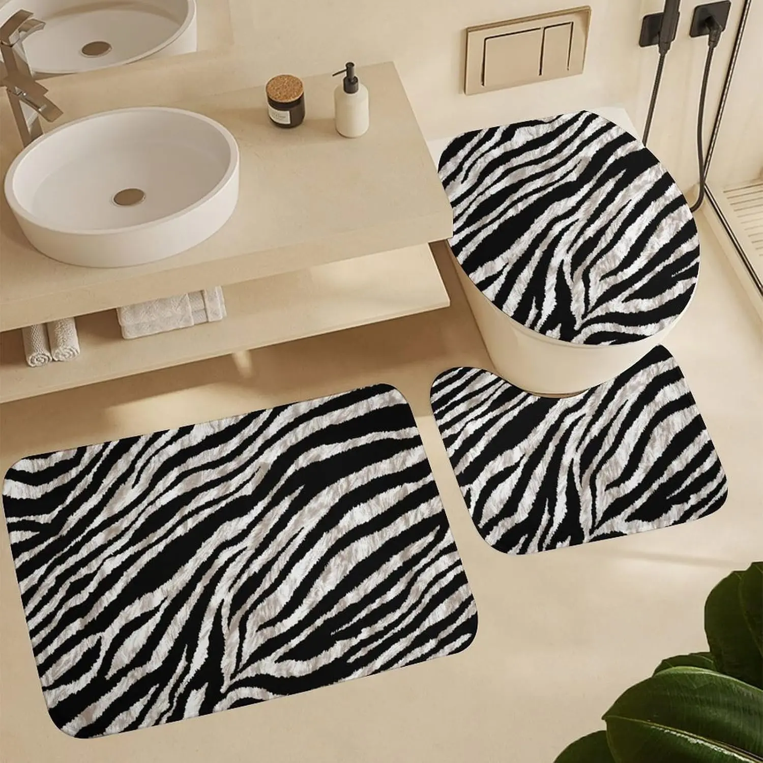 

3PCS Zebra Print Bath Mat Set, Black White U-Shape Toilet Lid Cover & Rug, Non-Slip Soft Absorbent Animal Print Bathroom Decor