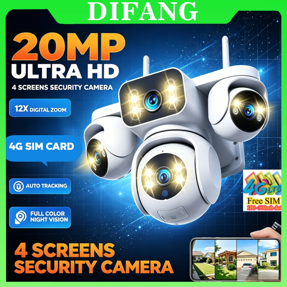 2026 New Arrival 10K 20MP 4G Sim Card Camera 12X Zoom, 4-Screen Display Auto Tracking Outdoor Surveillance for Home Security
