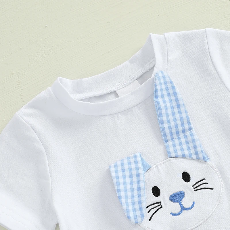 Adorabili completi pasquali per neonati con t-shirt a maniche corte con stampa di coniglietti e pantaloncini scozzesi per un elegante set da 2 pezzi