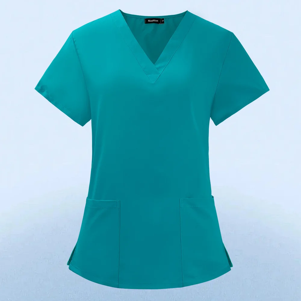 Uniforme d'infirmière, Blouse clinique d'été pour femmes, manches courtes, col en v, poches, T-shirt pour travailleurs de soins, hauts de travail d'été