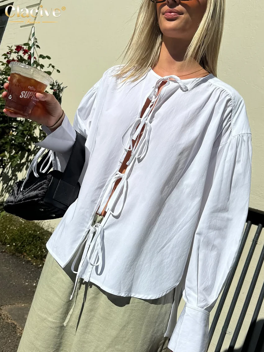 Clacive Casual Loose White Cotton Women Shirt 2025 Fashion O-Neck Long Sleeve Shirts Elegant Classic Lace-Up Top Female Clothing