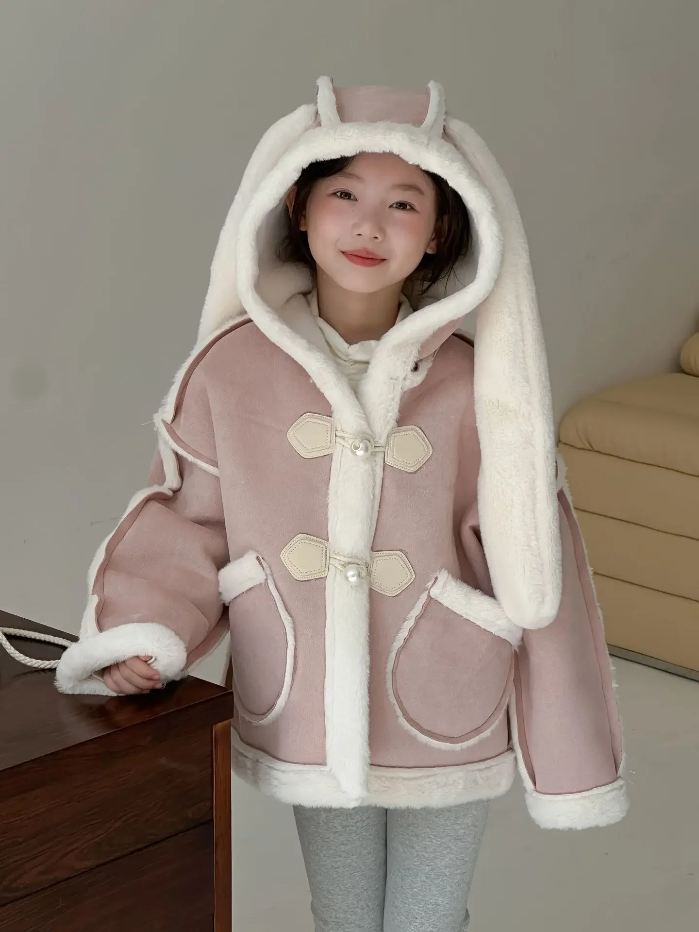 Girls Coat 2024 Winter New Childrens Clothes Girls Baby Foreign Sweet Rabbit Ears Hooded Fur Coat Casual Simple and Daily