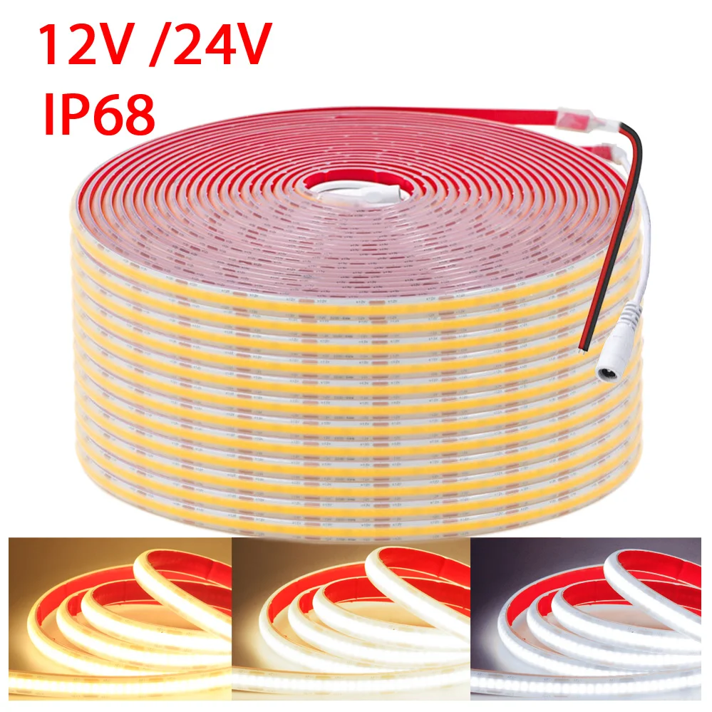 

12V 24V IP68 Waterproof COB LED Strip Light 5m 10m 15m 20m 0.5m 1m DC Flexible Tape 320LED/M High Density Bright Liner Lighting