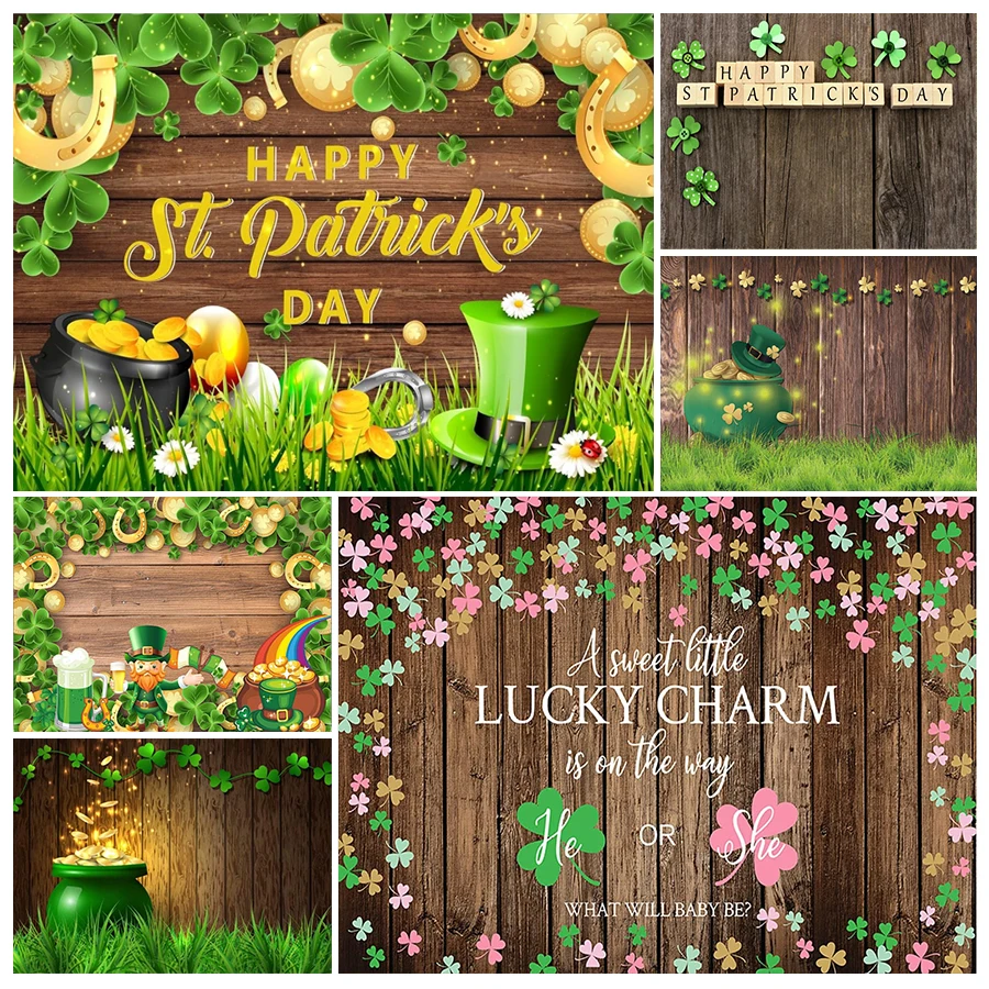 St. Patrick's Day Backdrop Pot of Gold Coins Wooden Wall Green Lucky Irish Shamrock Backdrops for Photography Holiday Party