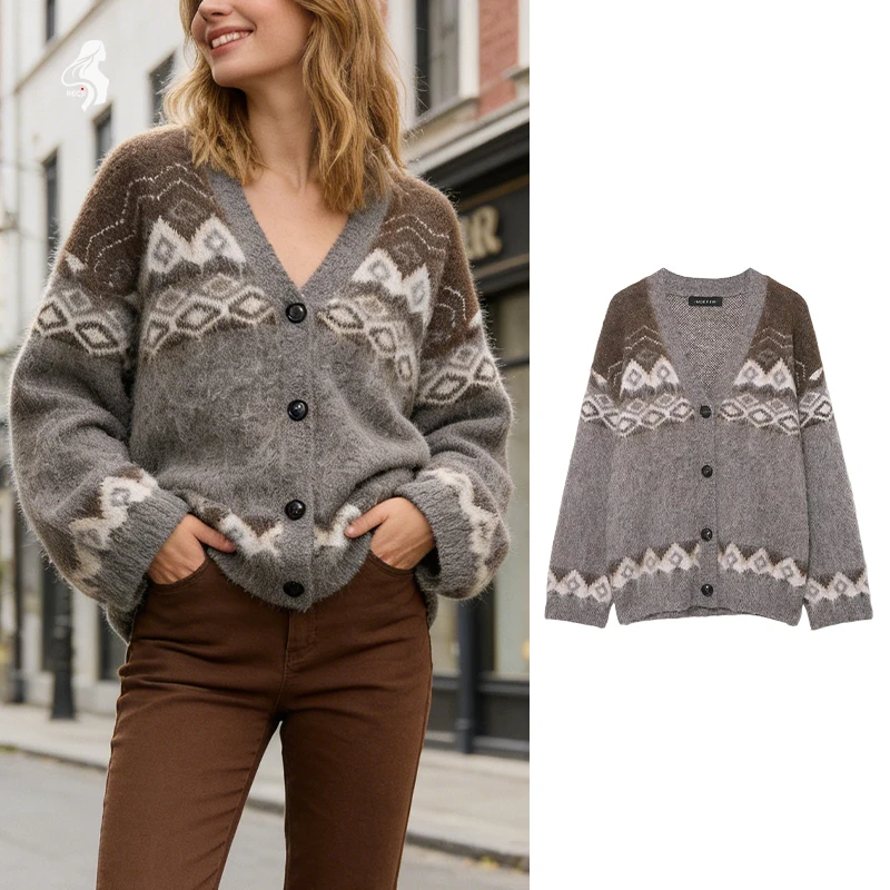 

Women V Neck Cardigan With Black Buttons Geometric Jacquard Loose Knit Sweater Versatile Top For Work Casual And Dates Tops