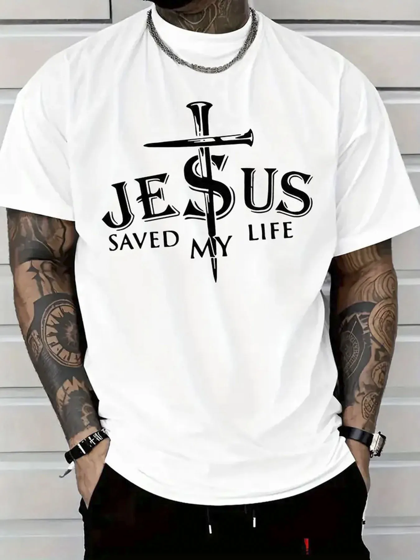 

Men's Jesus Saved My Life Graphic T-Shirt - 100% Cotton Relaxed Fit Casual Short Sleeve Tee with Bold Cross Print, Round Neck