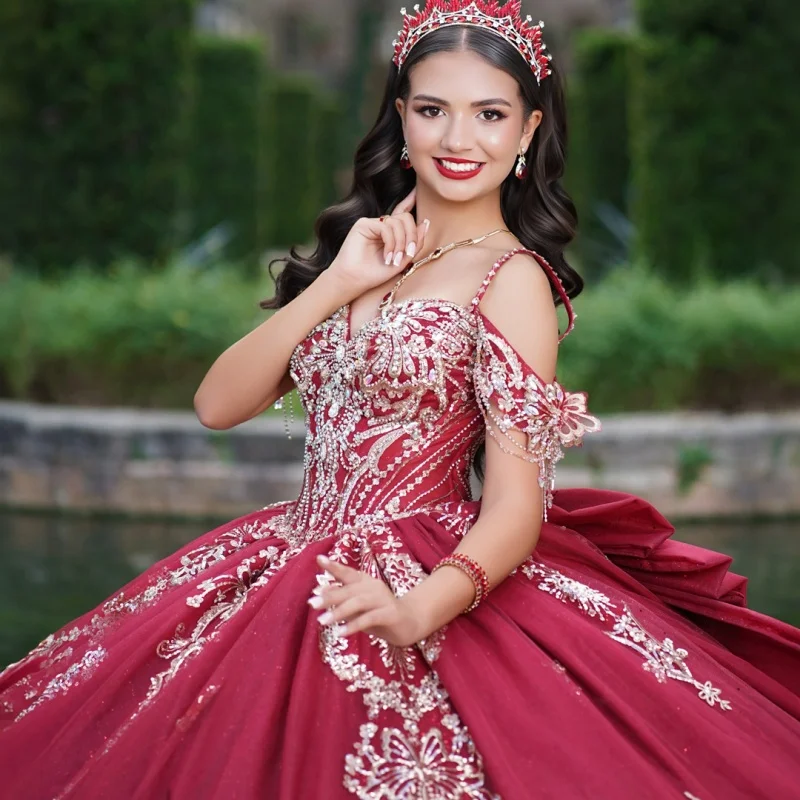 

Shiny Red Quinceanera Dress Crystal Glitter Decal off-shoulder Lace Long tail Big Bow Vestidos De 15 Quinceanera ﻿Customize