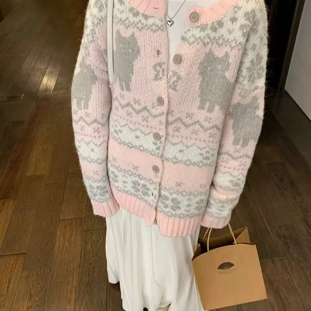 

JBOLID корейский кавайный розовый вязаный кардиган женский свитер с мультяшным принтом верхняя одежда трикотаж зимняя мода милые джемперы