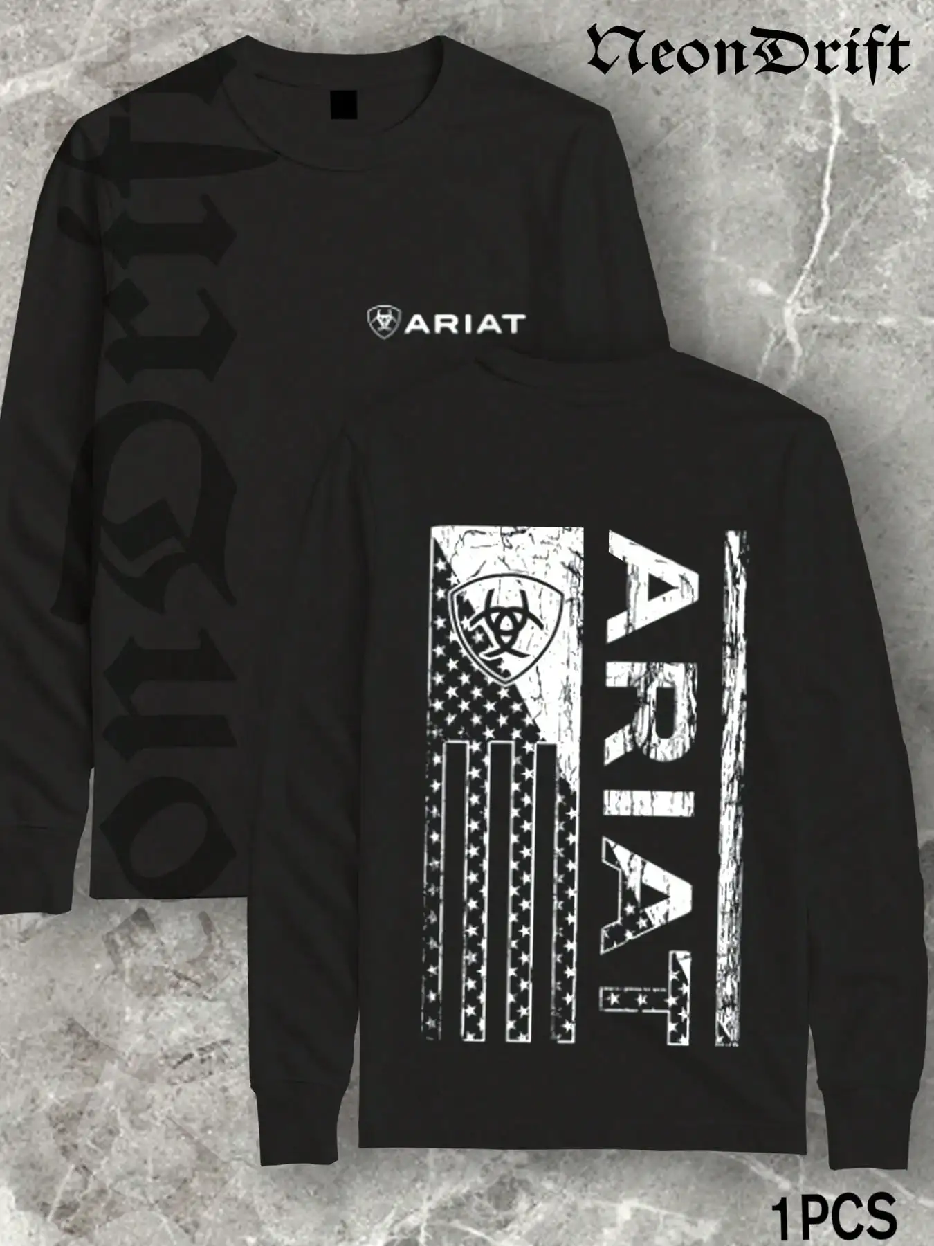 

Black Long Sleeve Graphic Tee with Distressed Flag & Shield Print, Casual Streetwear Style