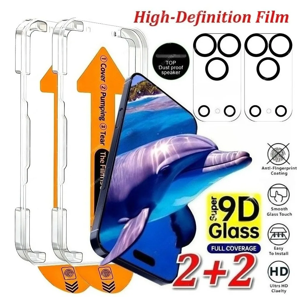 

2 шт. ультрапрозрачного закаленного стекла для iPhone 17, 16, 15, 14 Pro Max, Air 16, 15 Plus, 13, 12, 11 Pro, Mini с 2 шт. защитными стеклами для объектива камеры