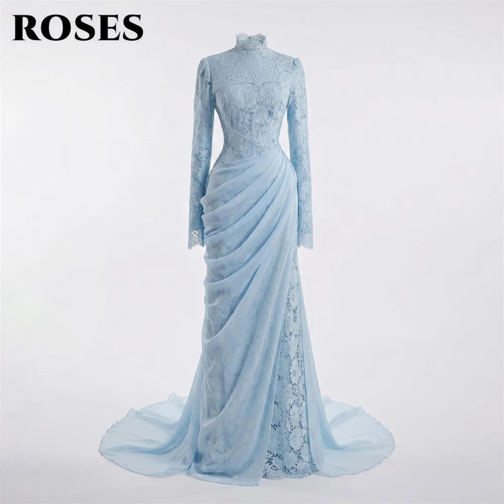 ROSES Light Blue Lace Evening Dress High Neck Off the Shoulder Party Dress Long Sleeve vestidos de fiesta Prom Gowns Customized