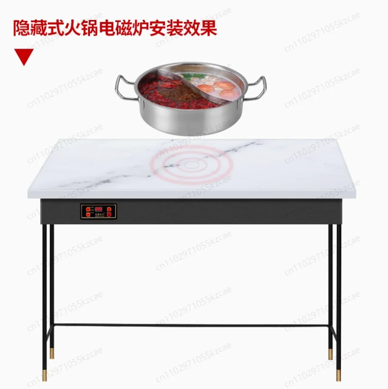 Hidden Induction Cooktop Dining Table, Commercial Grade with Rock Slab Top, Invisible Built-in for Hot Pot