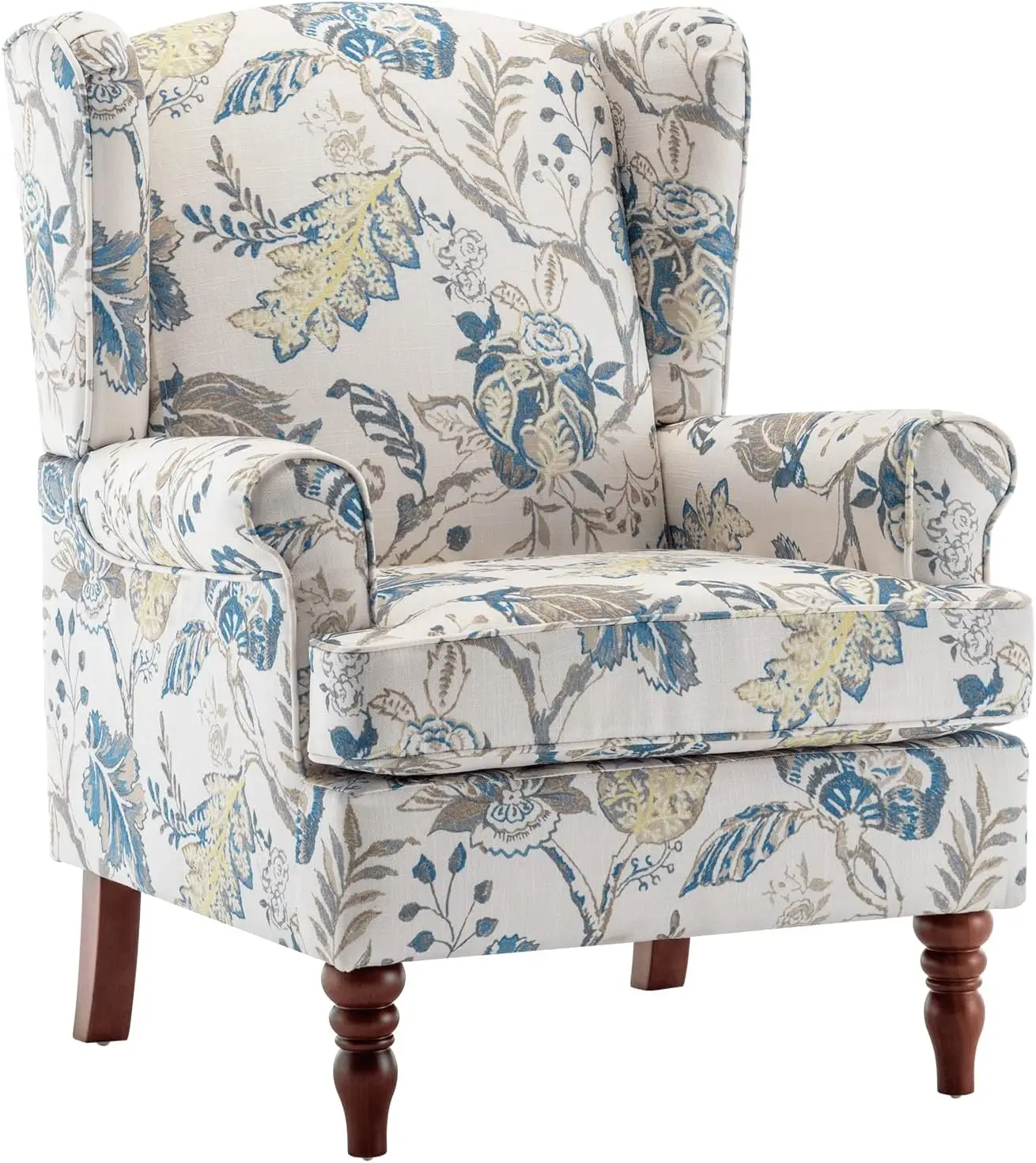 

Blue Floral High Back Upholstered Armchair with Solid Legs for Living Room, Bedroom, Home Office