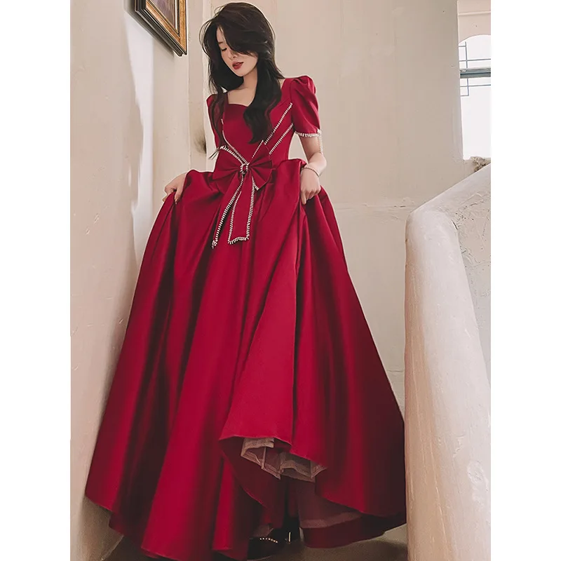 

Burgundy Gorgeous Satin Evening Dress Elegant V-neck Bow Tassel Bubble Sleeve Prom Vesido A-Line Floor-Length Party Formal Gown