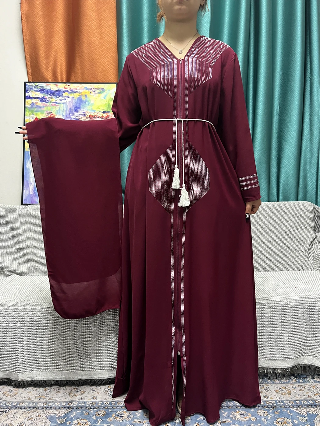 Muslim Ramadan Sets Abayas For Women Diamond Inlaid Solid Color Synthetic Silk Chiffon Loose Fit Femme Robe With Headscarf Belt