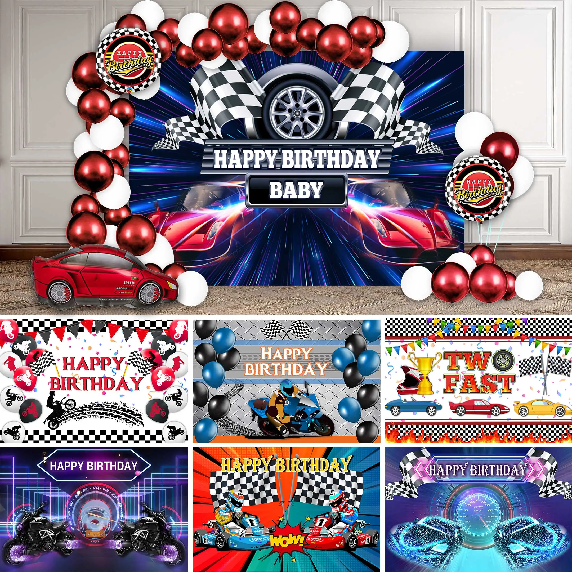 Neoback Race Theme Photo Curtain Birthday Background Car Backdrop Grid Banner Child Baby Photography Photozone Photophone