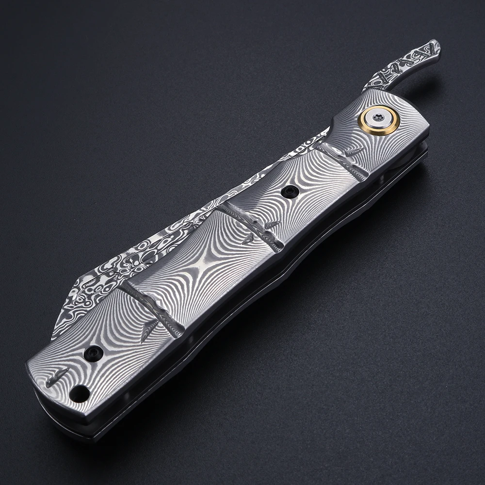 Damascus folding knife high hardness outdoor knife camping EDC tool knife including crocodile leather cover