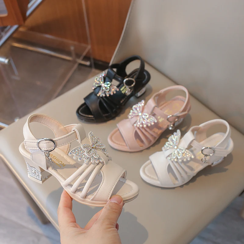 Girls Princess Style High Heel Sandals with Shiny Rhinestone 2026 New Summer Toddler Beach Vacation Sandals Soft Sole Barefoot