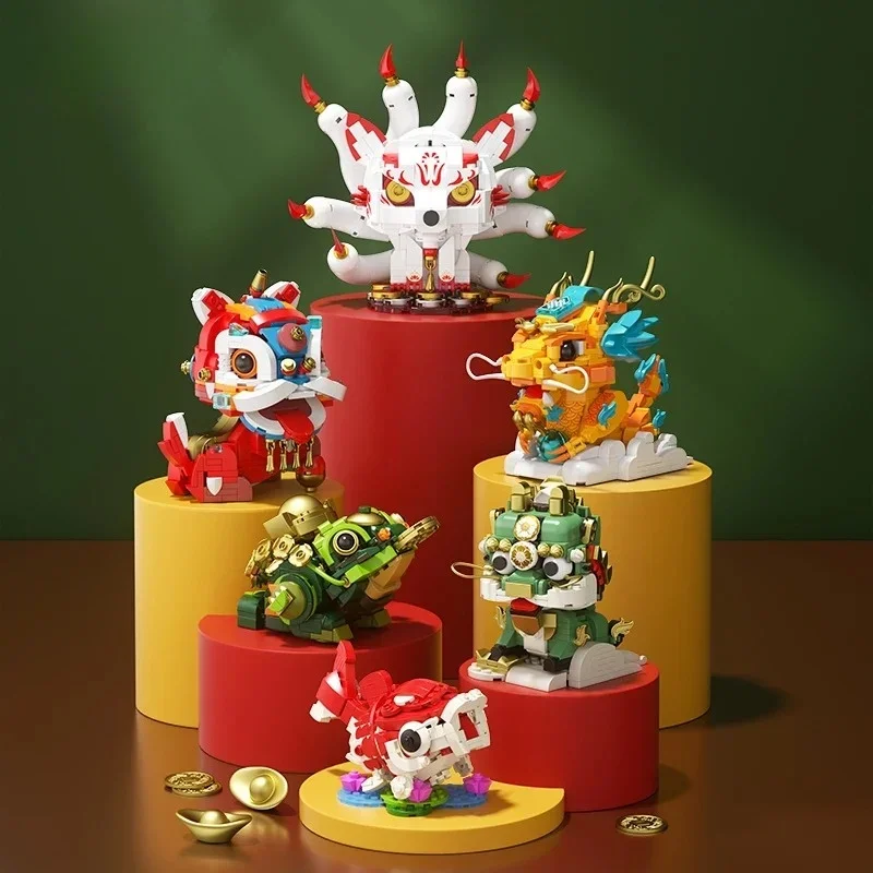 幸運の動物パズル 積み木セット かわいいライオン ドラゴン イモムシ マイクロブロック 装飾 コレクタブルおもちゃ ホームオフィス用ギフト