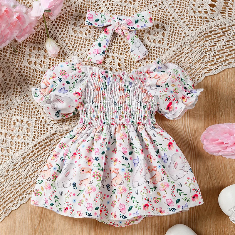 

Suefunskry Baby Girls 2Pcs Spring Summer Outfits Short Sleeve Bunny Floral Print Smocked Romper + Headband Set Newborn Clothes