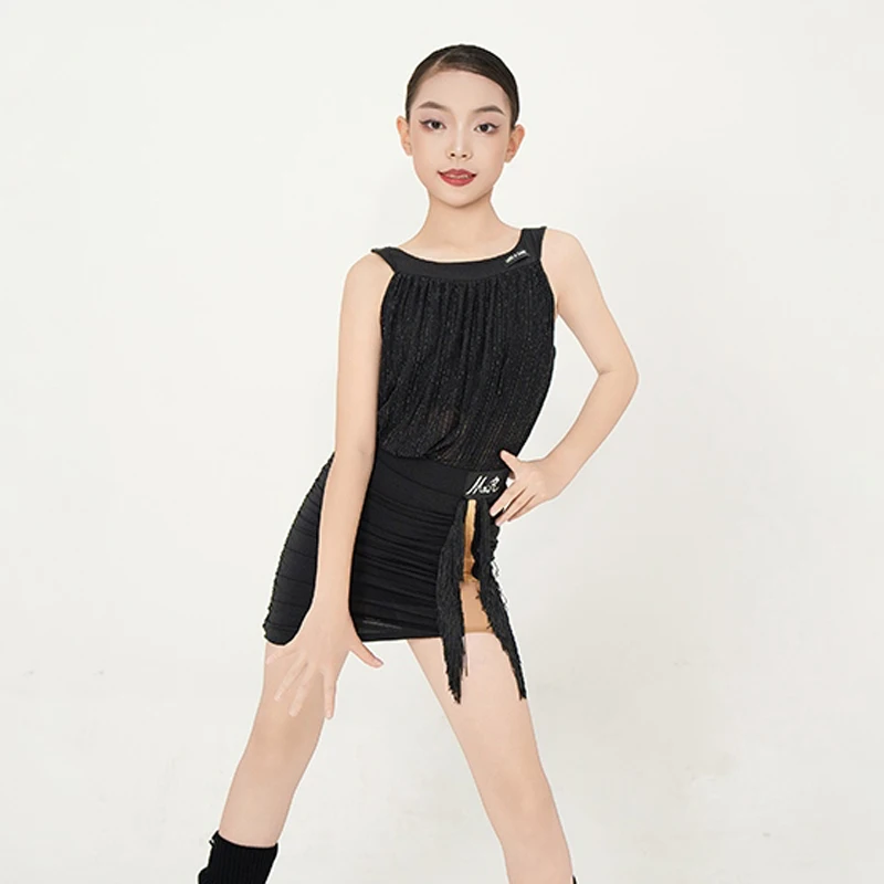 Fashion Latin Dance Competition Clothing Children'S Ballroom Dance Costume Girls Black Latin Dance Tassels Dresses SL13906
