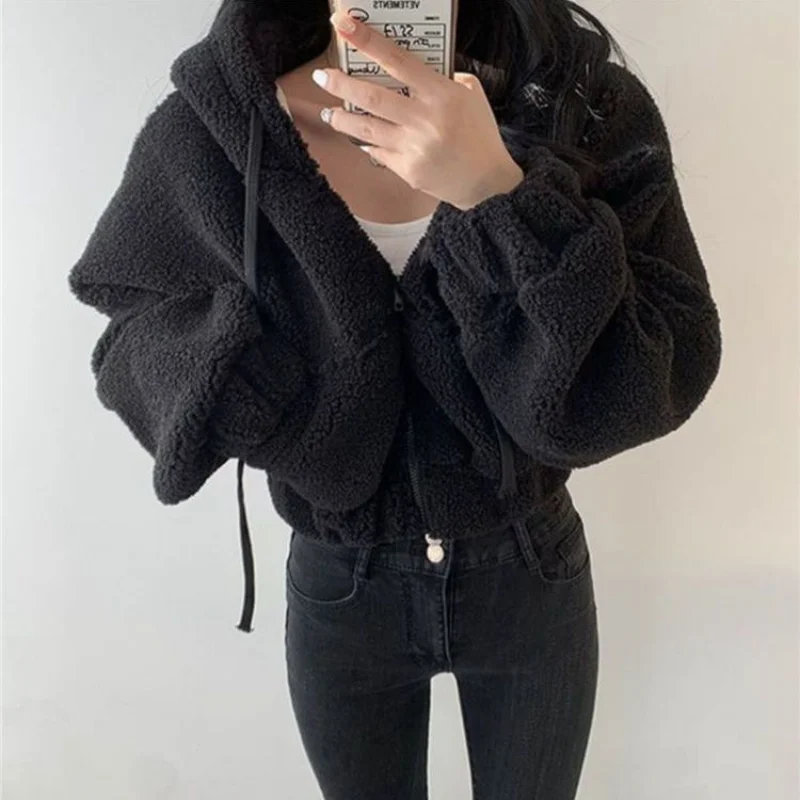 Deeptown Cropped Jacket Streetwear Y2k Tech Fleece Oversized Hooded Thick Coat Chic Casual Short Cardigan Varsity Korean Fashion