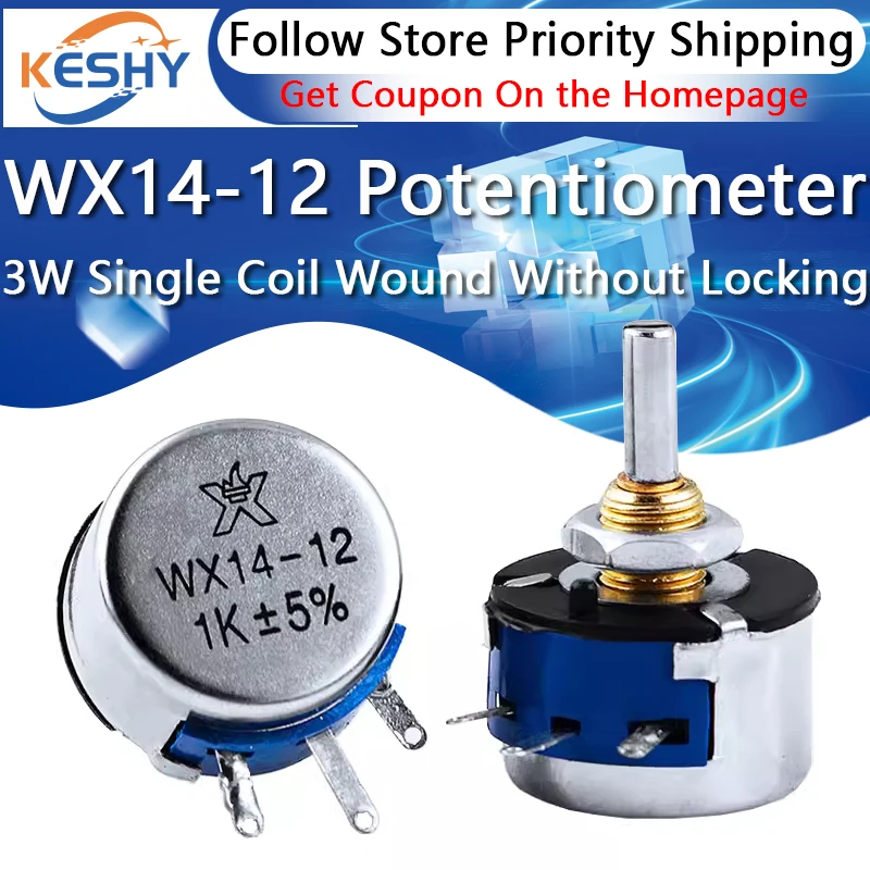 WX14-12 3W Single Coil Wound Potentiometer Without Locking 100 220 330 470 560 Ohm 1K 2K2 4K7 10K Lap Wirewound Potentiometers