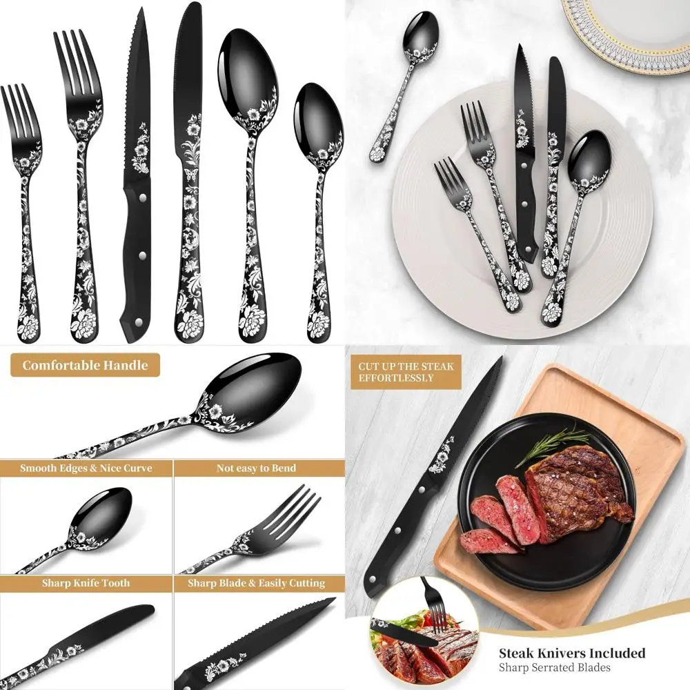 

Stainless Steel 48-Piece Black and Silver Cutlery Set for 8 with Steak Knives, Including Forks, Knives, and Spoons