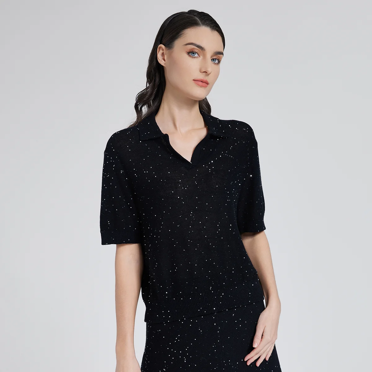BC1138 In Stock Luxury Women's Sequin Polo Knit Sweater 30% Mulberry Silk 40% Linen Pullover Knitted Top