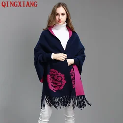 Oversize Cloak Winter Knitted Floral Poncho Coat Women Cape Female Batwing Sleeve Warm Knitwear Two Color Autumn Outstreet Shawl