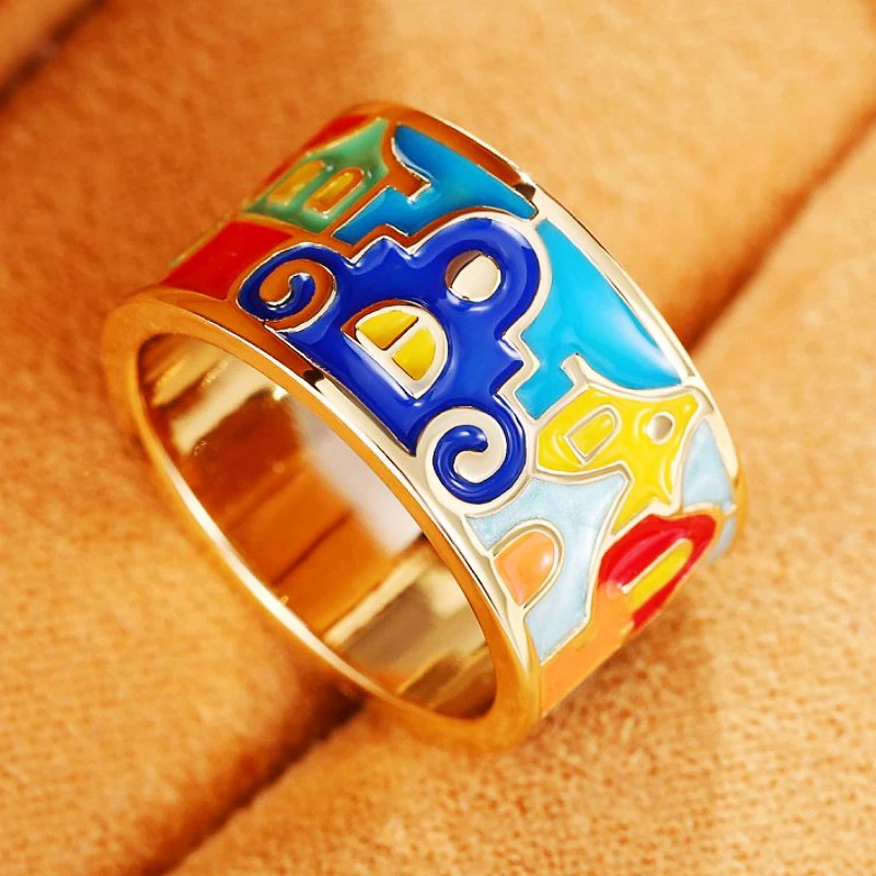 Huitan Speziell interessanter Fingerring mit Emaille-Muster für Frauen, Persönlichkeit, Geburtstagsgeschenk, schicker Ring, Alltagskleidung, Partyschmuck