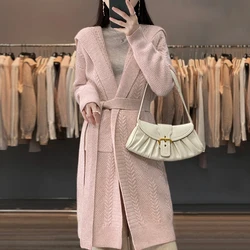 24 New 100% Merino Wool Hooded Coat Women's Fashion Long Sleeve Knitted Long Cardig Sweater