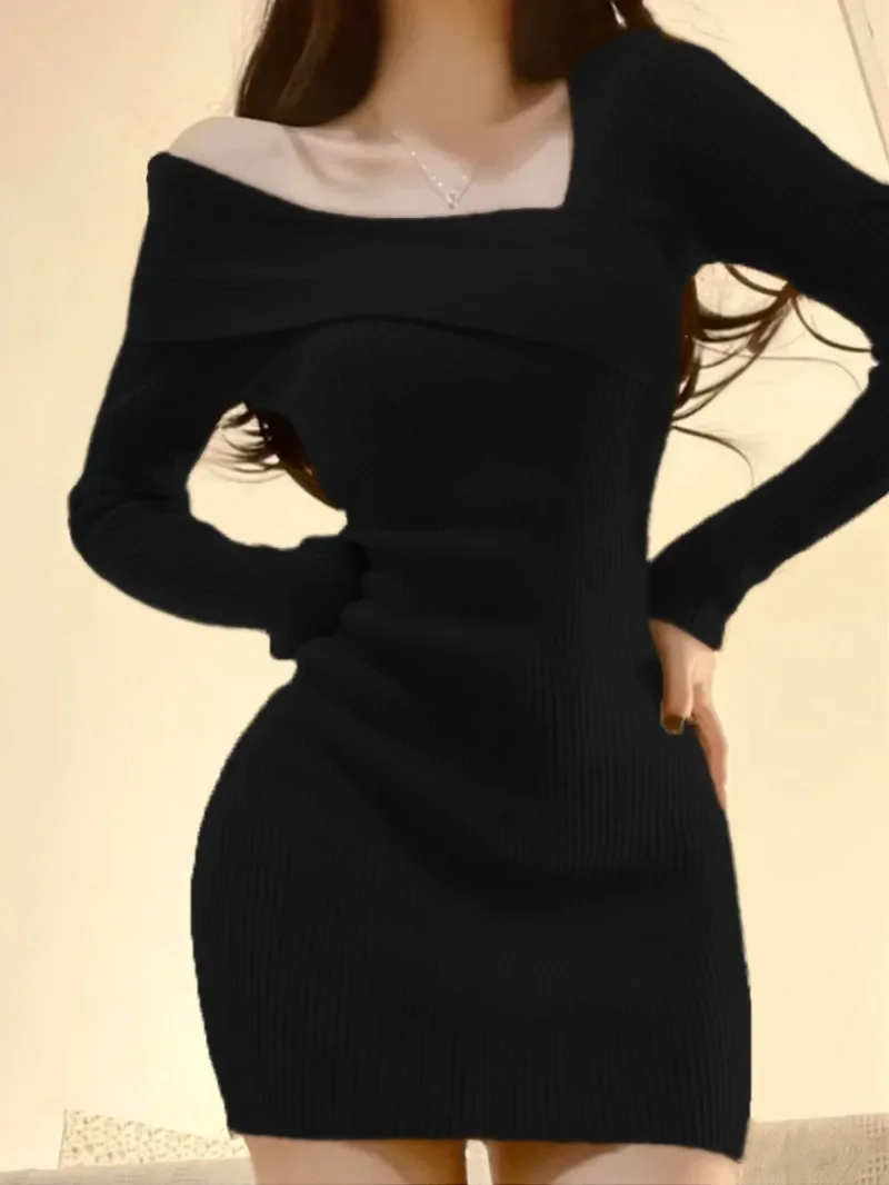 

Spring Autumn Korean Style Mini Knitted One-piece Dress Women Sexy Long Sleeve Party Dresses Winter Vintage Dress Y2k Kpop 원피스