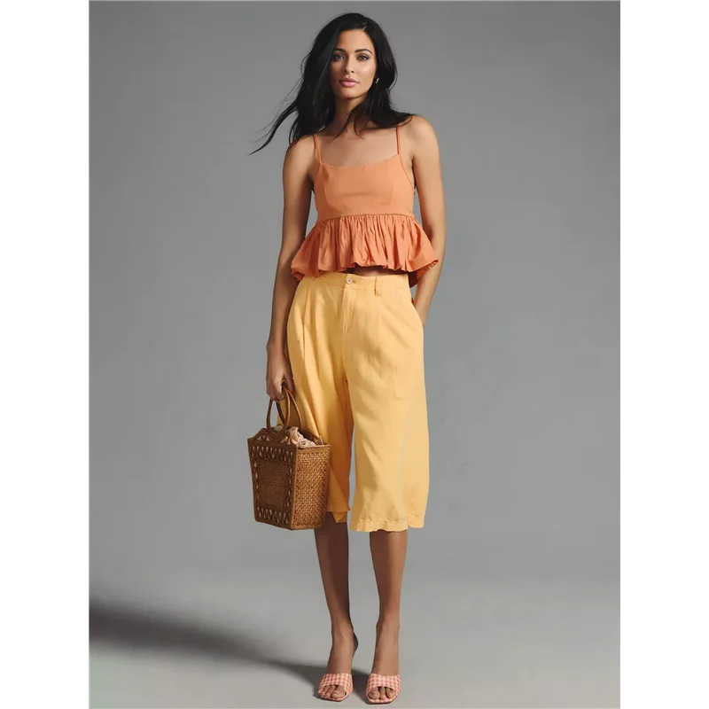 

【SEE】Women Y2k Ruffle Hem Spaghetti Strap Going Out Crop Tops Sleeveless Babydoll Cami- Shirts