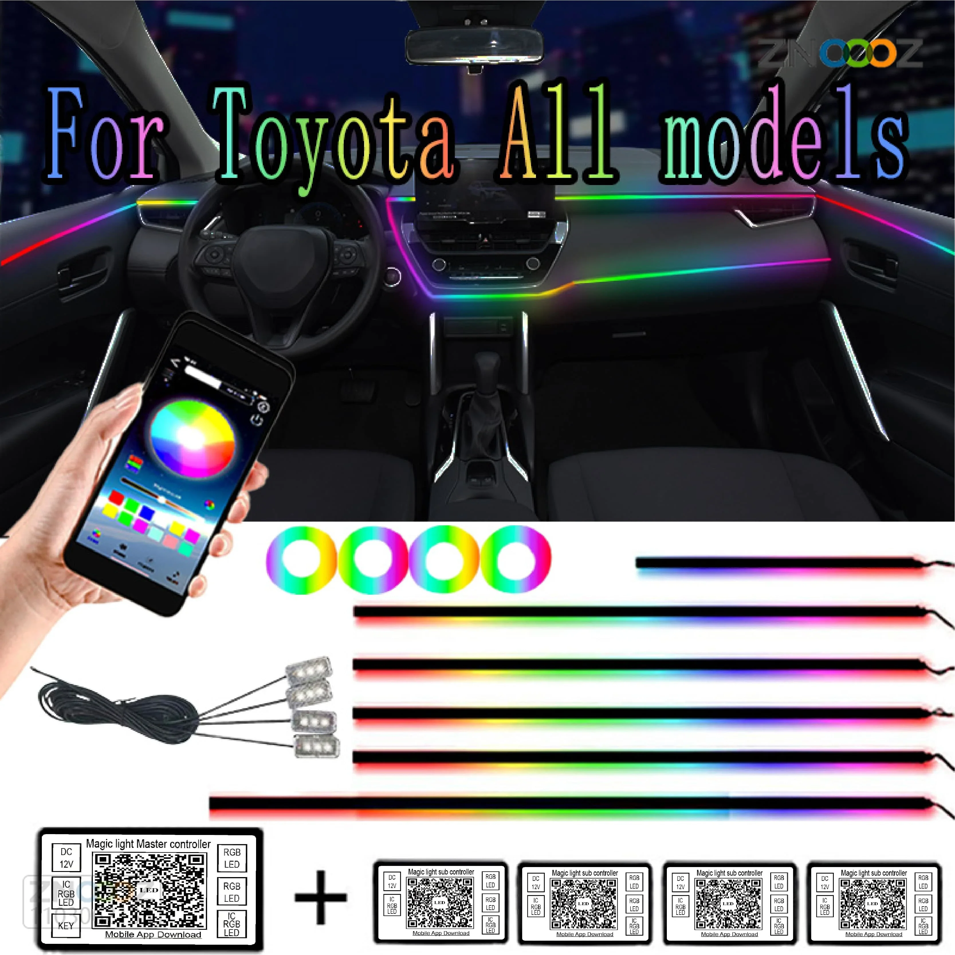 

18 in 1 64 Color RGB Symphony Car Atmosphere Interior LED Acrylic Guide Fiber Optic Universal Decoration Ambient For Toyota