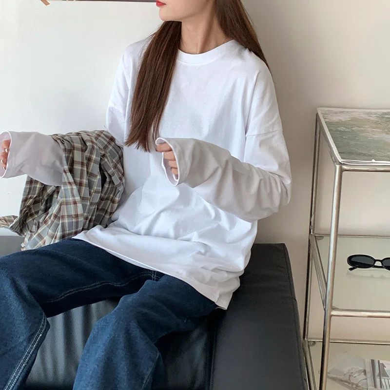 Loose Long Sleeve T-Shirt Women's Spring Autumn Winter Pure Color Base Layer Korean Style Trendy Student Outerwear Casual Top
