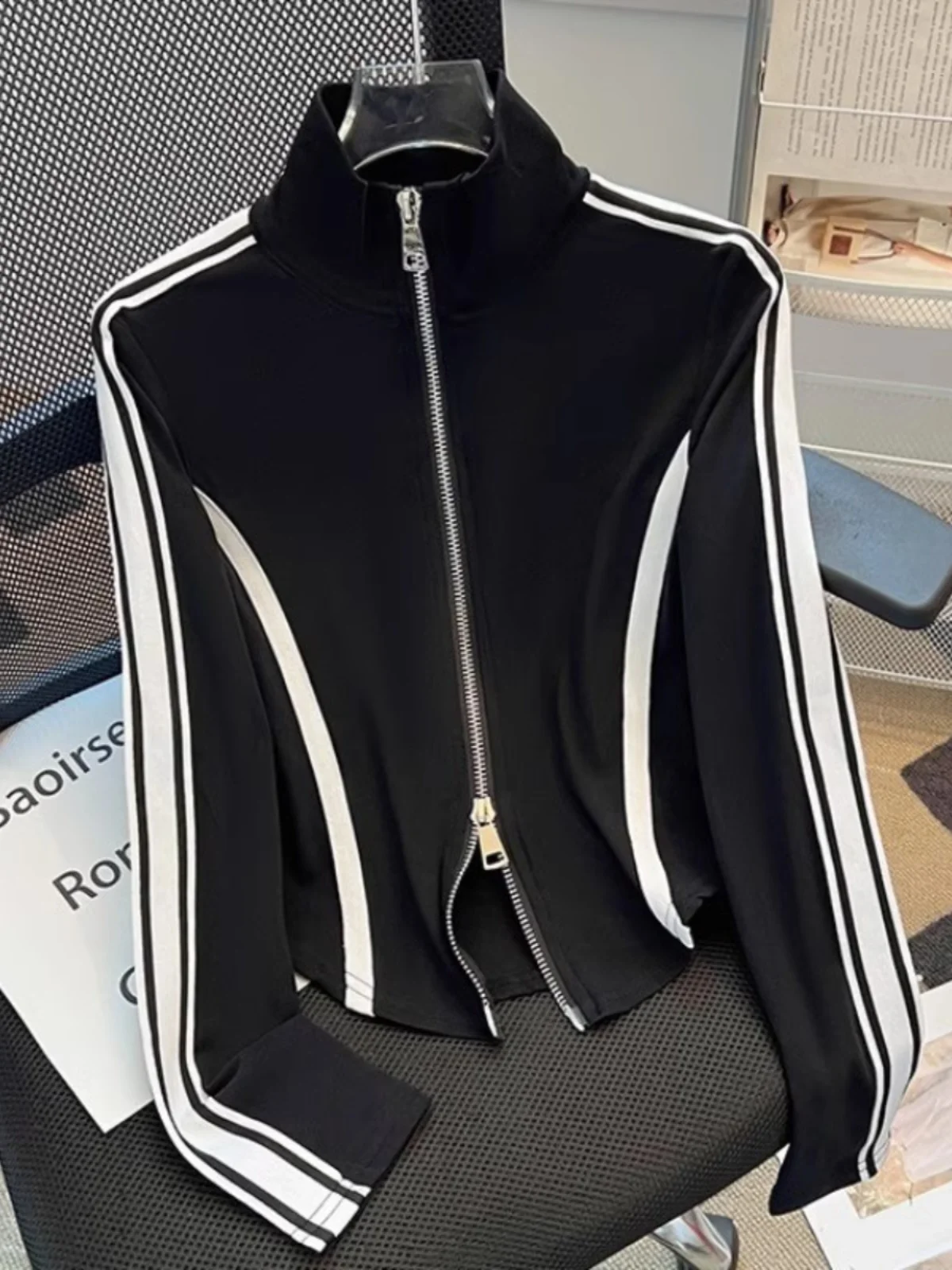 Early Autumn Unique Spicy Girl Double Zipper Pattern Retro Color Block Stand Collar Long Sleeve Open Cardigan Slim Short Top ...