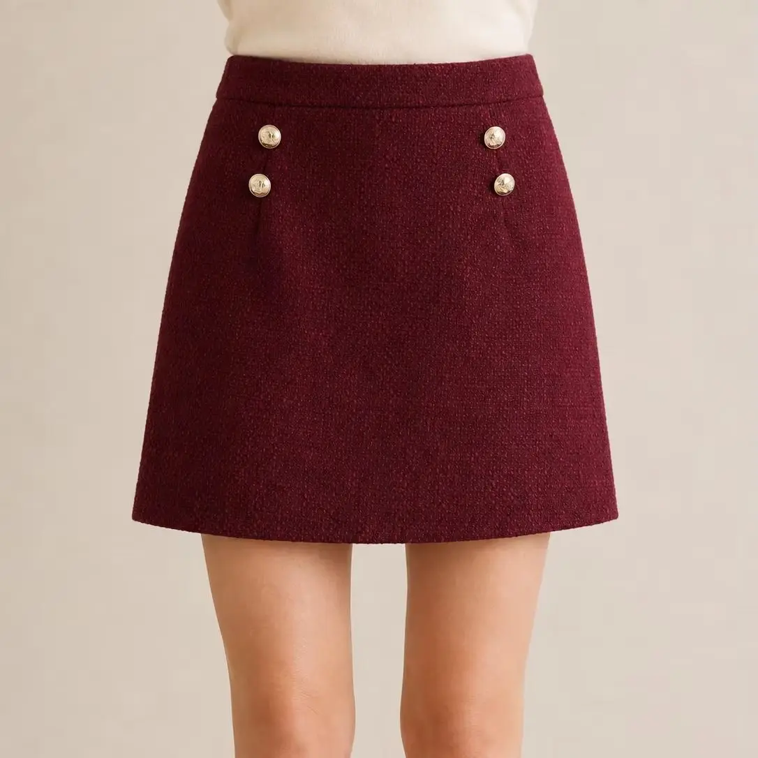 Women Wine Red Tweed Mini Skirt with Metal Buttons for Party Holiday High Street Club Streetwear