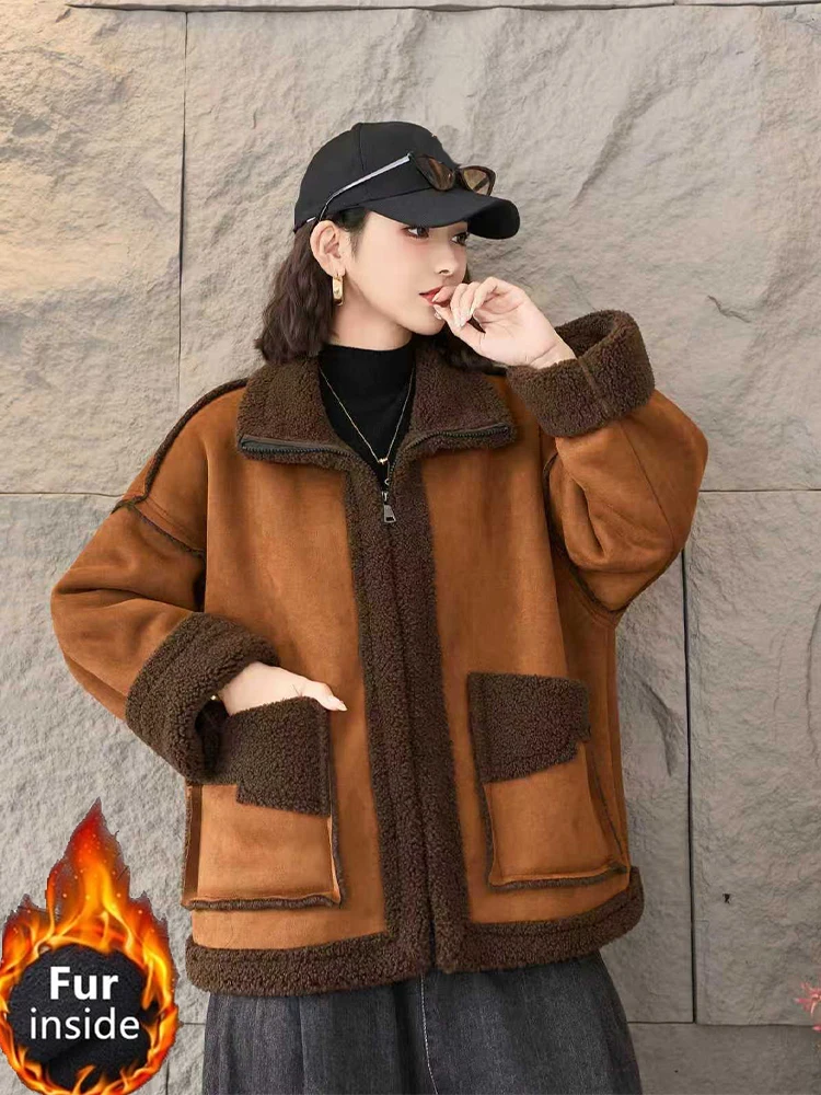 Amax lulue 2025 moda elegante casacos de camurça de pele feminina solta vintage casual jaquetas quentes senhoras clássico coreano engrossar outerwear