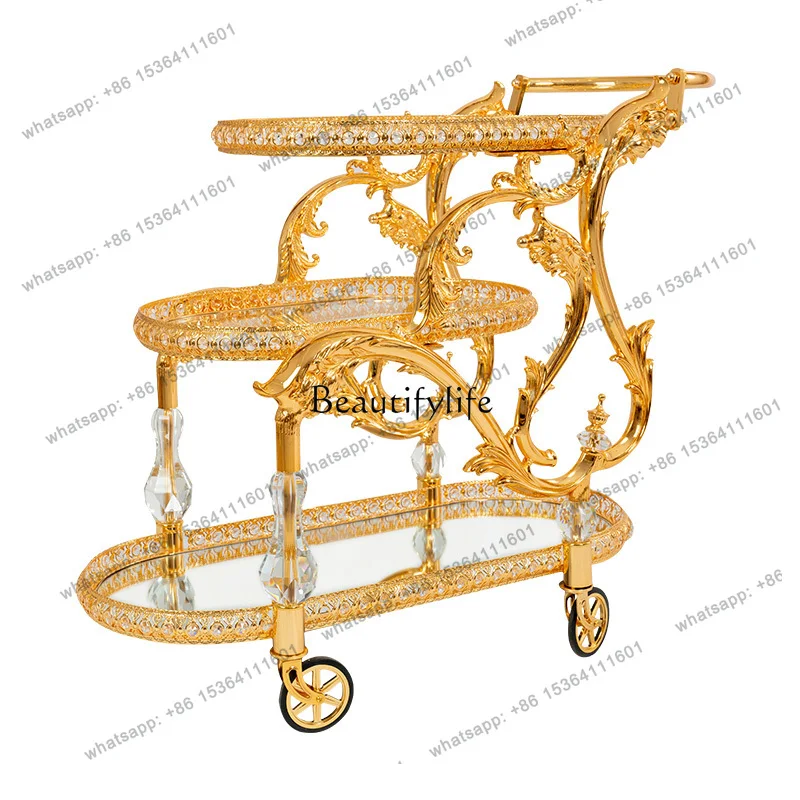 56European hotel crystal column metal two or three layers glass plated gold wedding wine cart