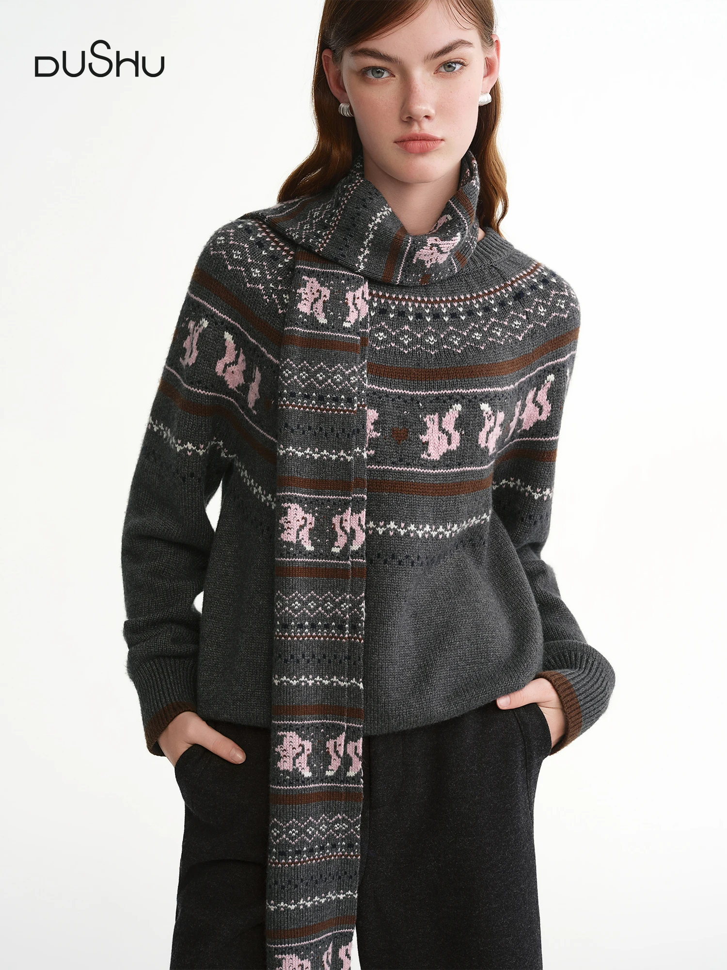 

DUSHU женский теплый островный шарф больших размеров, украшенный шарфом Fair Isle, вязаный свитер, новинка зимы 2025, трикотажные пуловеры с шарфом