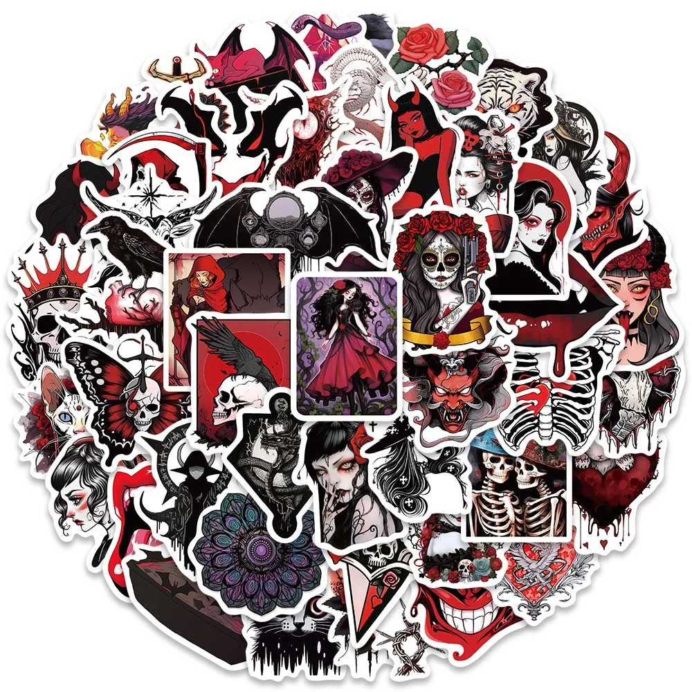 10/50pcs Red Gothic Horror Skull Witch Stickers Punk Graffiti Decals Laptop Motorcycle Skateboard Phone Cool Waterproof Sticker