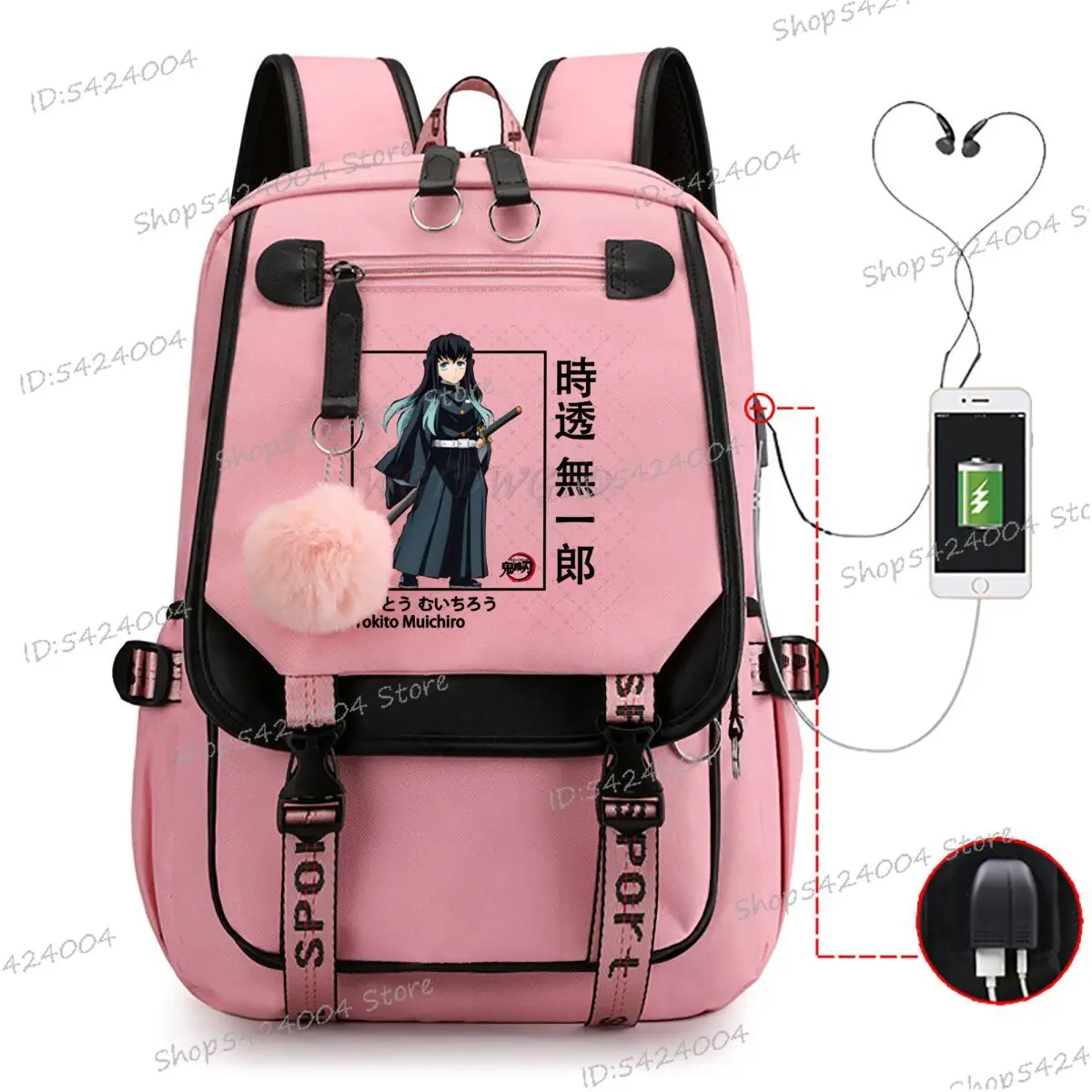 

New Creative Backpack Anime Tokitou Muichirou Printing Schoolbag Kimetsu No Yaiba Women Men Travel Rucksack USB Port Bagpack