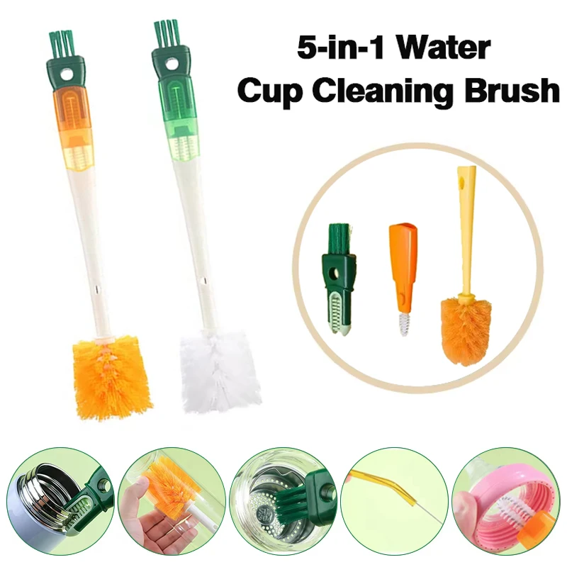 Silicone 5-in-1 Bottle Brush Nylon Bristle Hanging Hole Long Handle 360 Degree Rotating Baby Pacifier Cup Cleaning Brush Tool