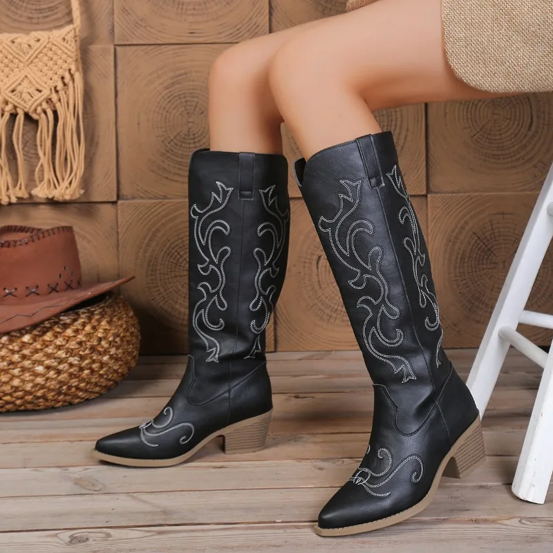 2026 New Pointed Toe Western High Heel Women's Knee High Boots Fashion Block Heel Embroidery Casual Comfort Boots for Women - view 5