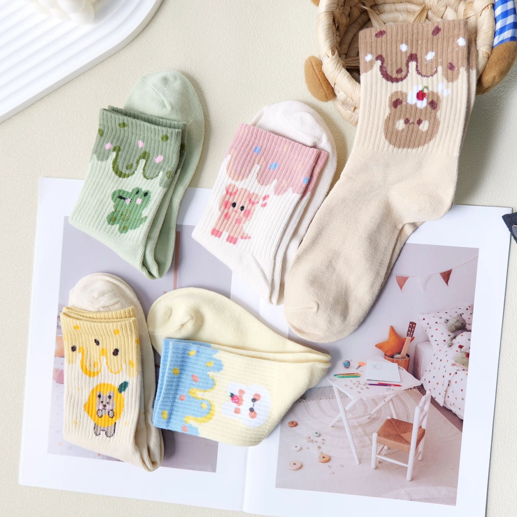 ** أزواج متعددة من الجوارب النسائية متعددة الألوان، تصميمات حيوانات لطيفة، طراز ياباني، مريح، مسامي