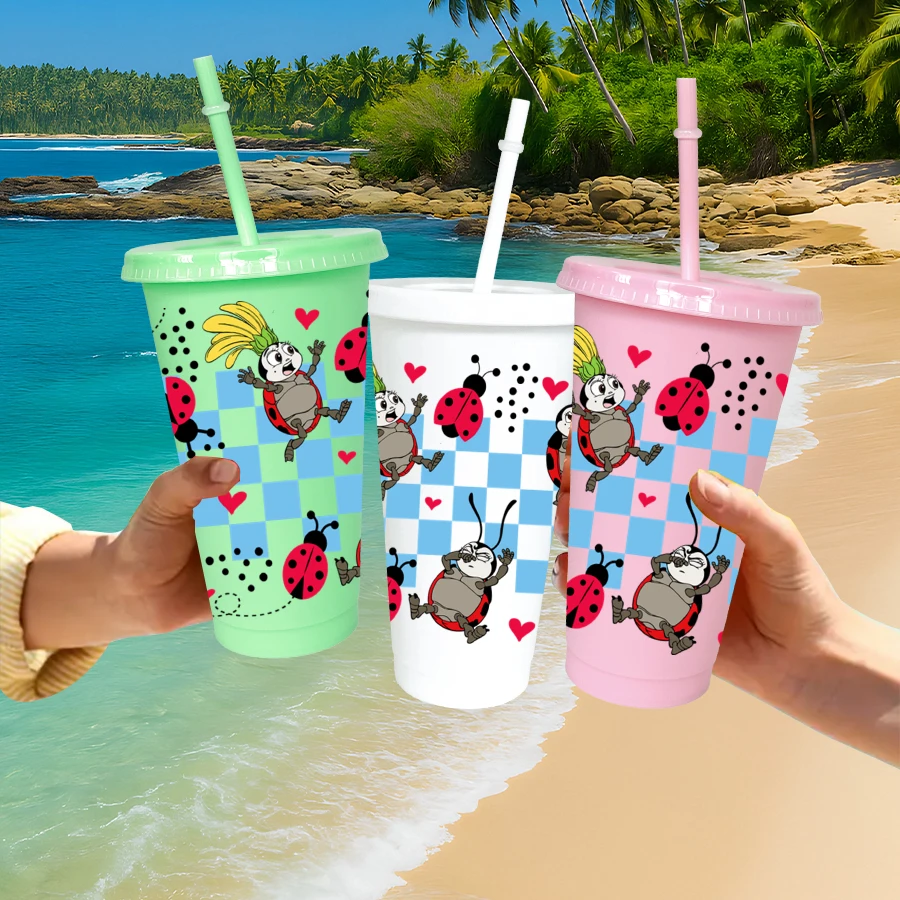 12 pièces/paquet Disney, coccinelle, tasse d'eau en plastique multicolore de 26oz, ensemble de boissons de fête, cadeau d'anniversaire/de rentrée scolaire