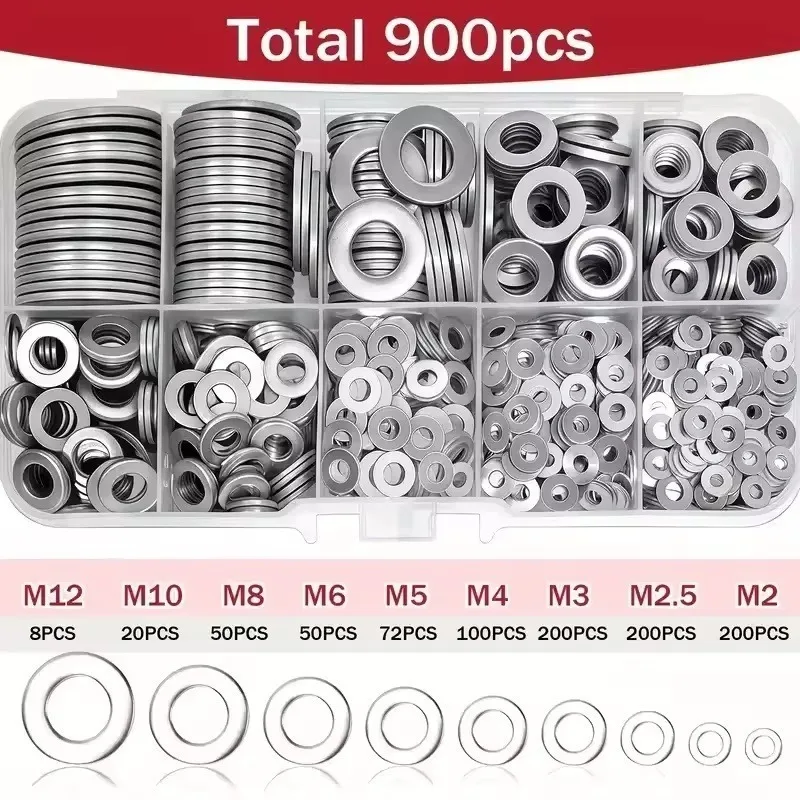 900pcs Boxed Flat Washer Set M2-M12 O-Type Flat Washers