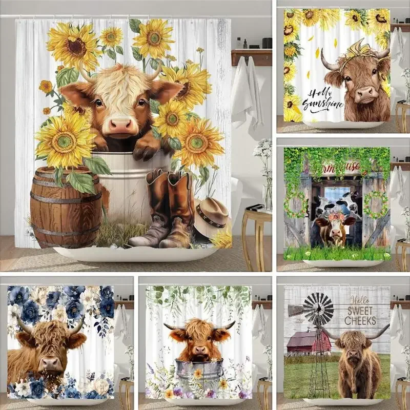 Highland Cow Shower Curtain Farmhouse Funny Bull Rustic Western Watercolor Spring Florral Cute Animal Plant Kids Bathroom Decor